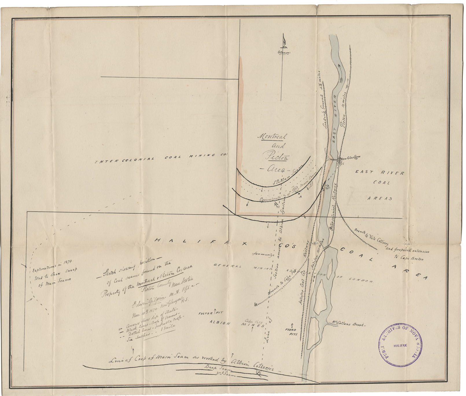 maps : Sketch showing Position of Coal Seams found on the Property of Montreal & Pictou Cos Area