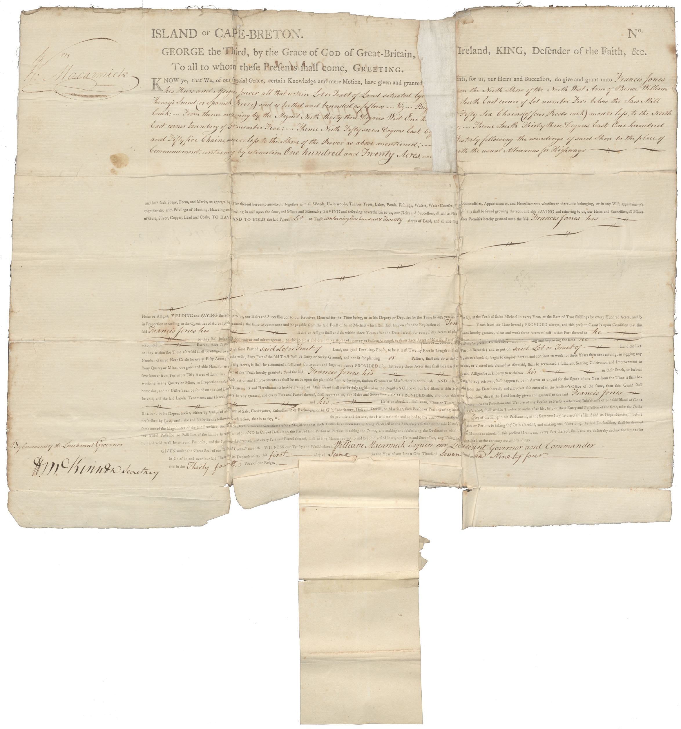 maps : Cape Breton County Letters Patent to John Henry for Lott No5 containing 110 acres on the North side of the N.W.A. 1791