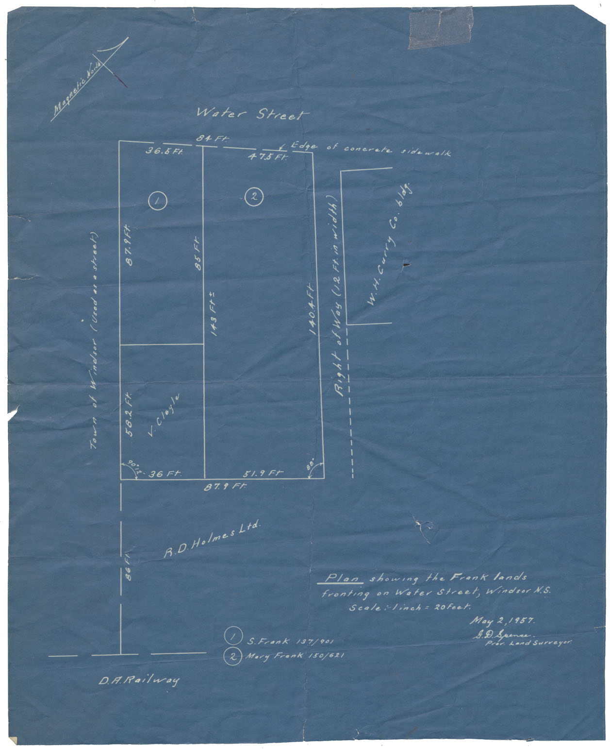 maps : Windsor Plan showing the Frank Lands fronting on Water Street, Windsor, NS