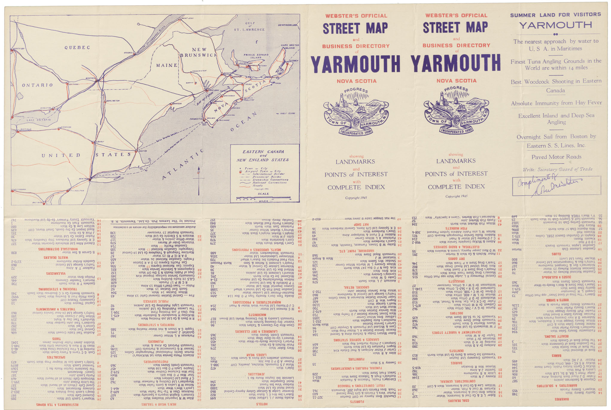 maps : Yarmouth NS Websters Official Street map and Business Directory of Yarmouth, N.S.