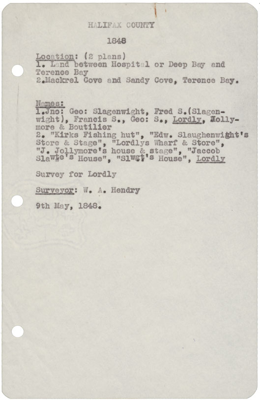 maps : Halifax County (2 copies) 1) Land between Hospital or Deep Bay and Terence Bay 2) Mackrel Cove & Sandy Cove, Terence Bay, 1848