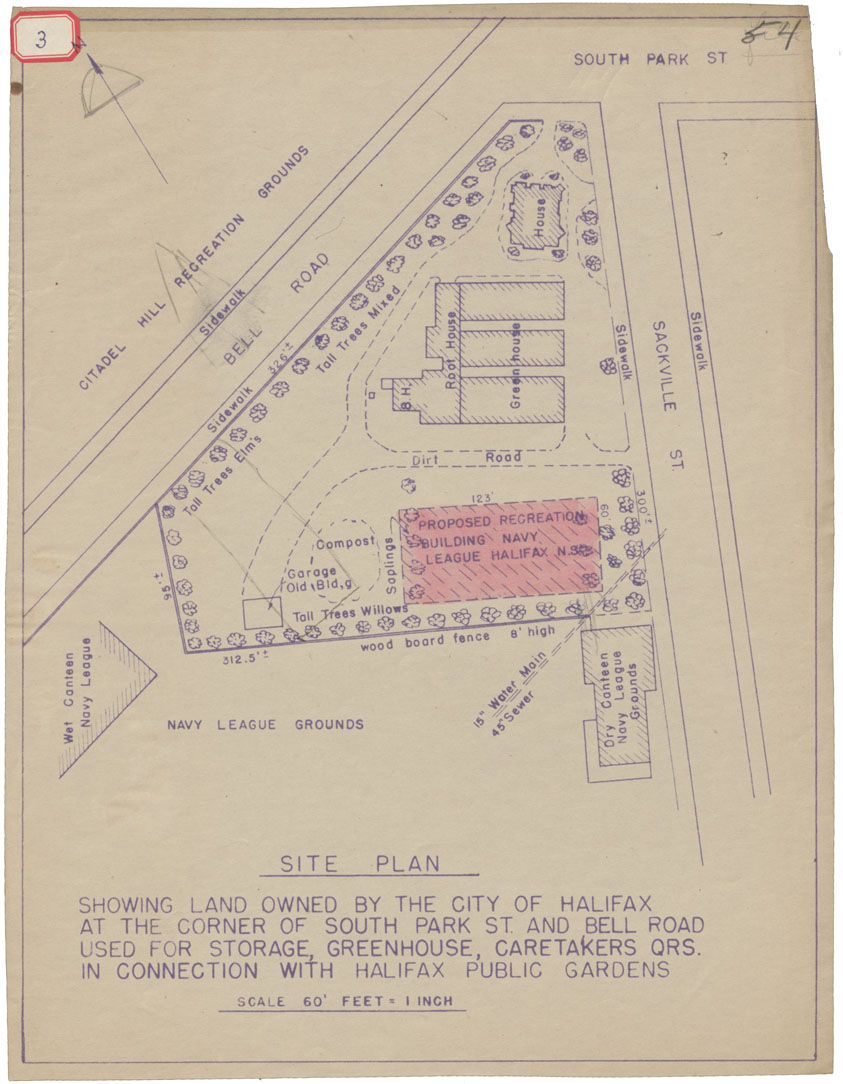 maps : Site Plan showing Land owned by the City of Halifax at Corner of South Park St and Bell Road used for Storage, Greenhouse, Caretakers Qrs in