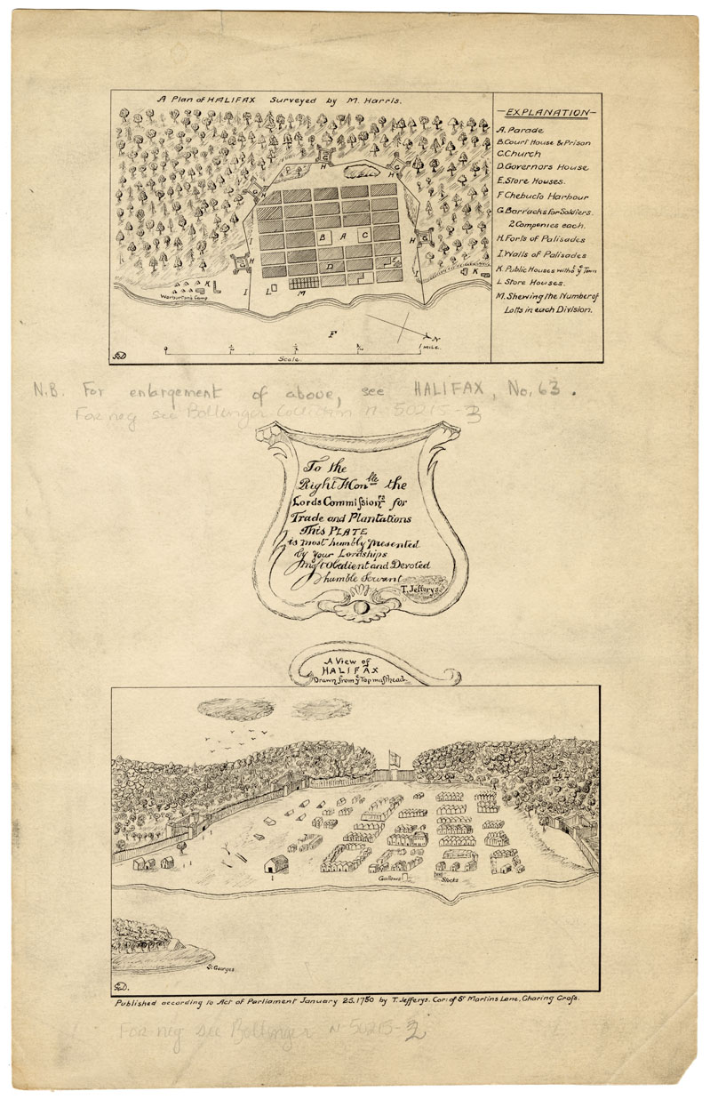 maps : 1) A Plan of Halifax, Survey by M.Harris 2) A View of halifax Drawn from ye Top Masthead