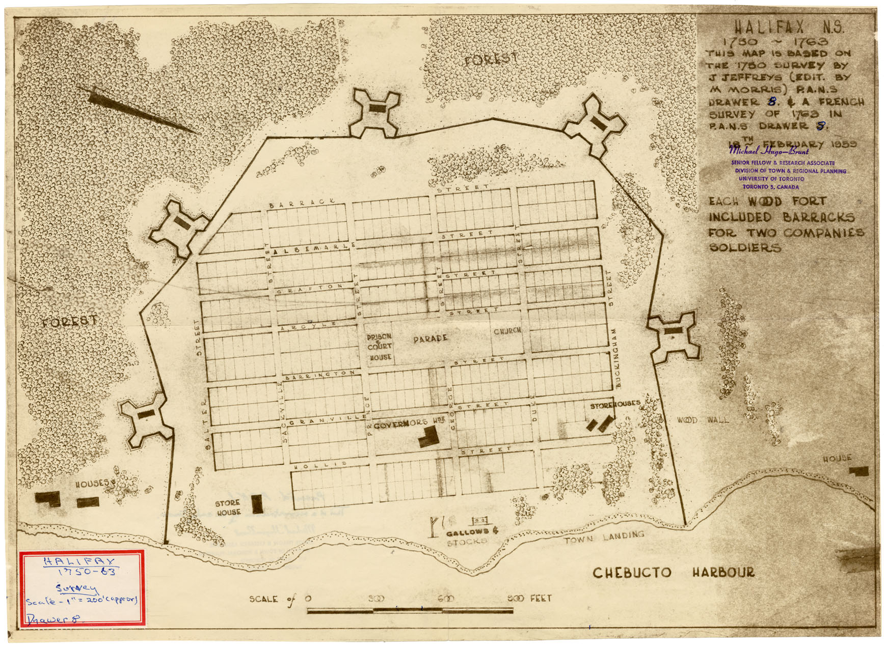 maps : Halifax, N.S. 1750-1763  This map is based on the 1750 survey by Thos. Jefferys (edit by M.Morris) P.A.N.S. Drawer 8 and a French survey in 