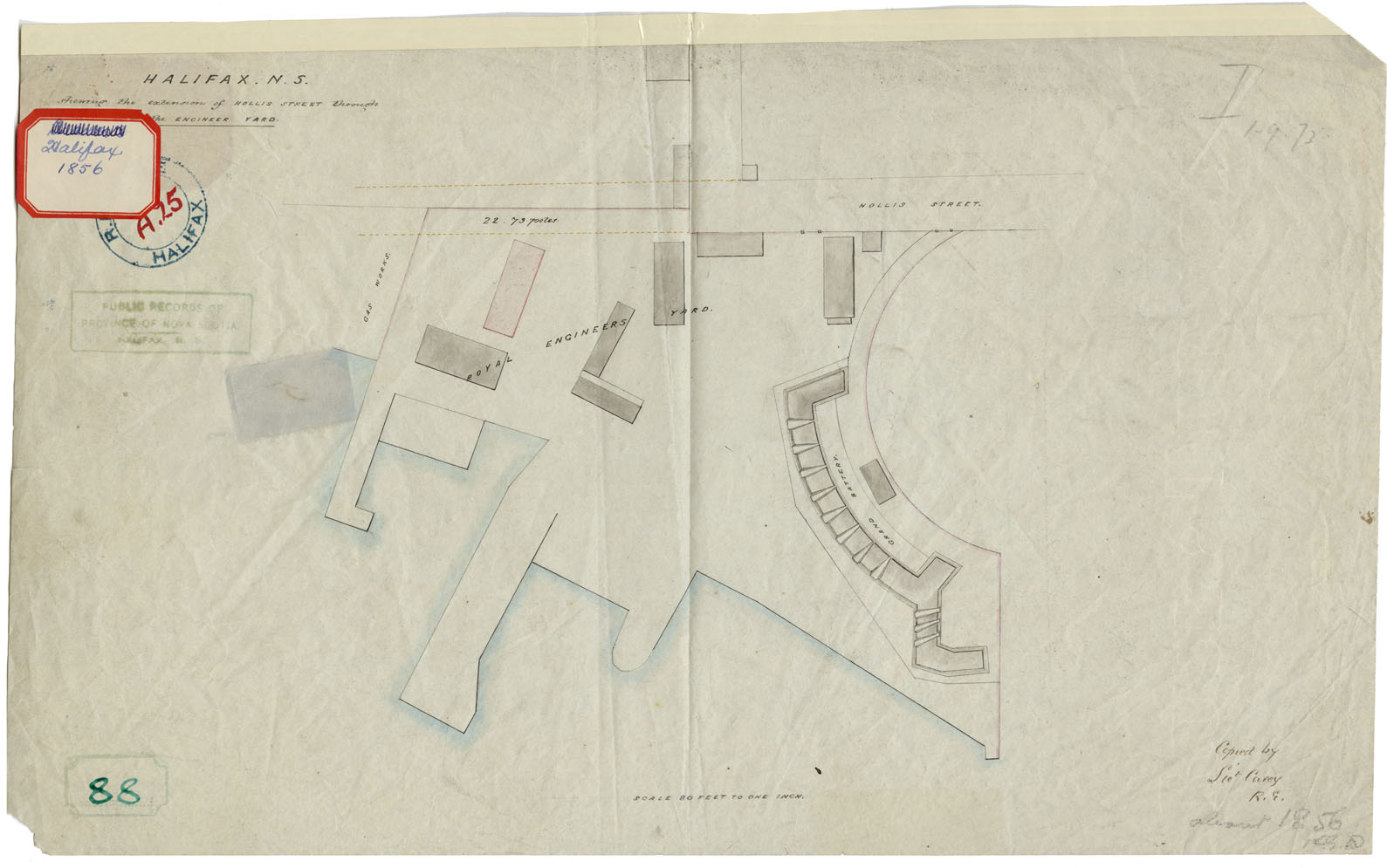 maps : Halifax, N.S. showing the extension of Hollis Street through the Engineer Yard