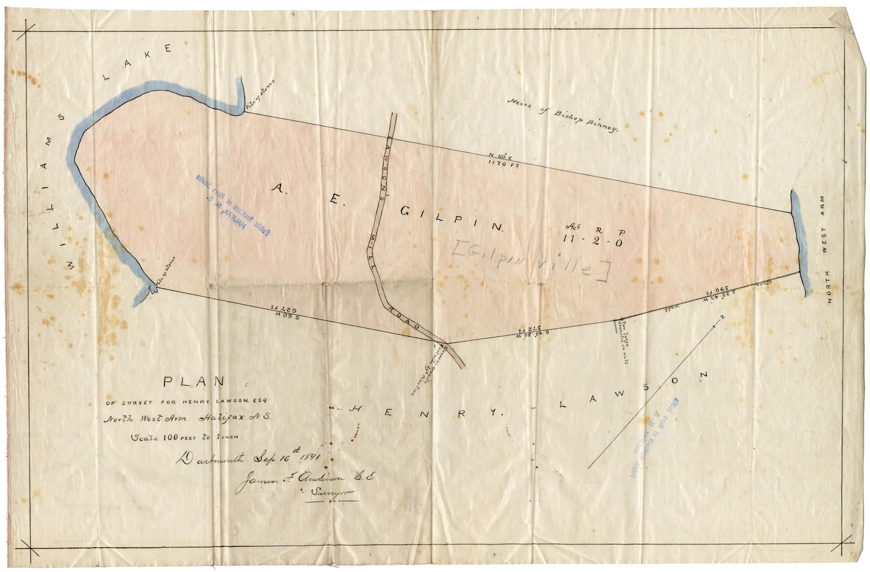 maps : Plan of Survey of Henry Lawson Northwest Arm, 1891, Lands of A.E.Gilpin and H.Lawson