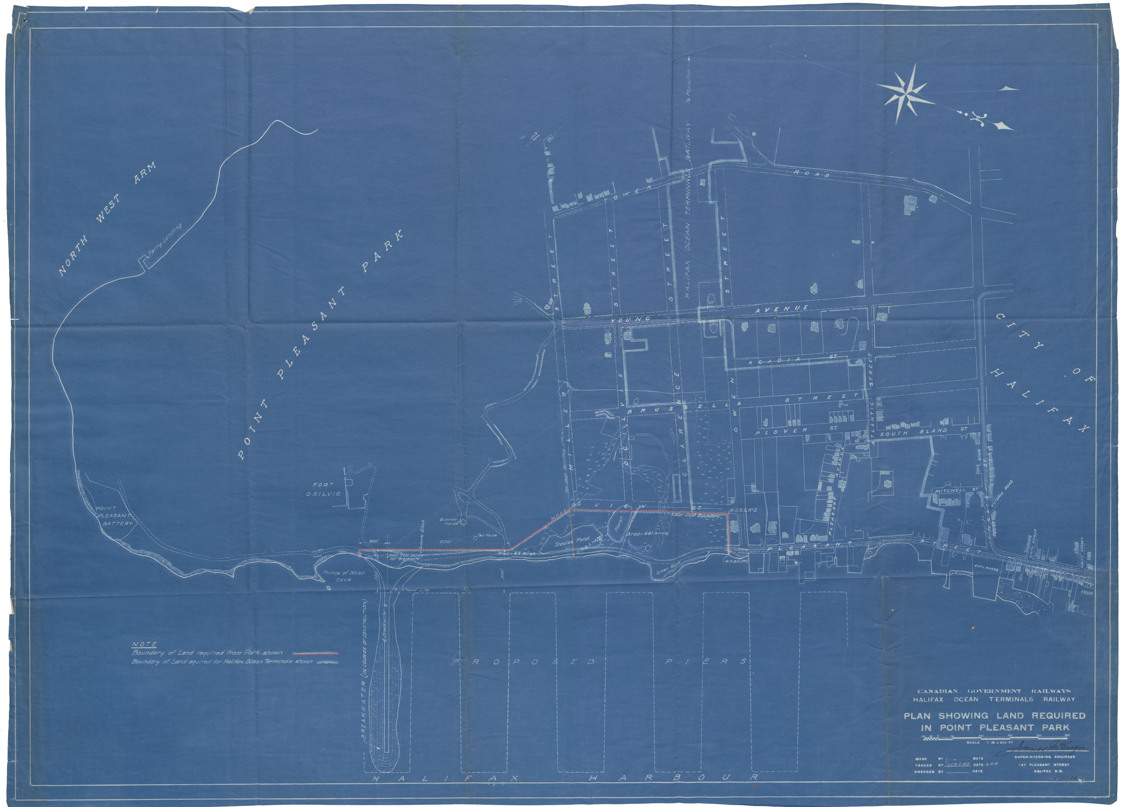 maps : Canadian Governemnt Railways Halifax Ocean Terminals Railway Plan showing Land Required in Point Pleasant Park