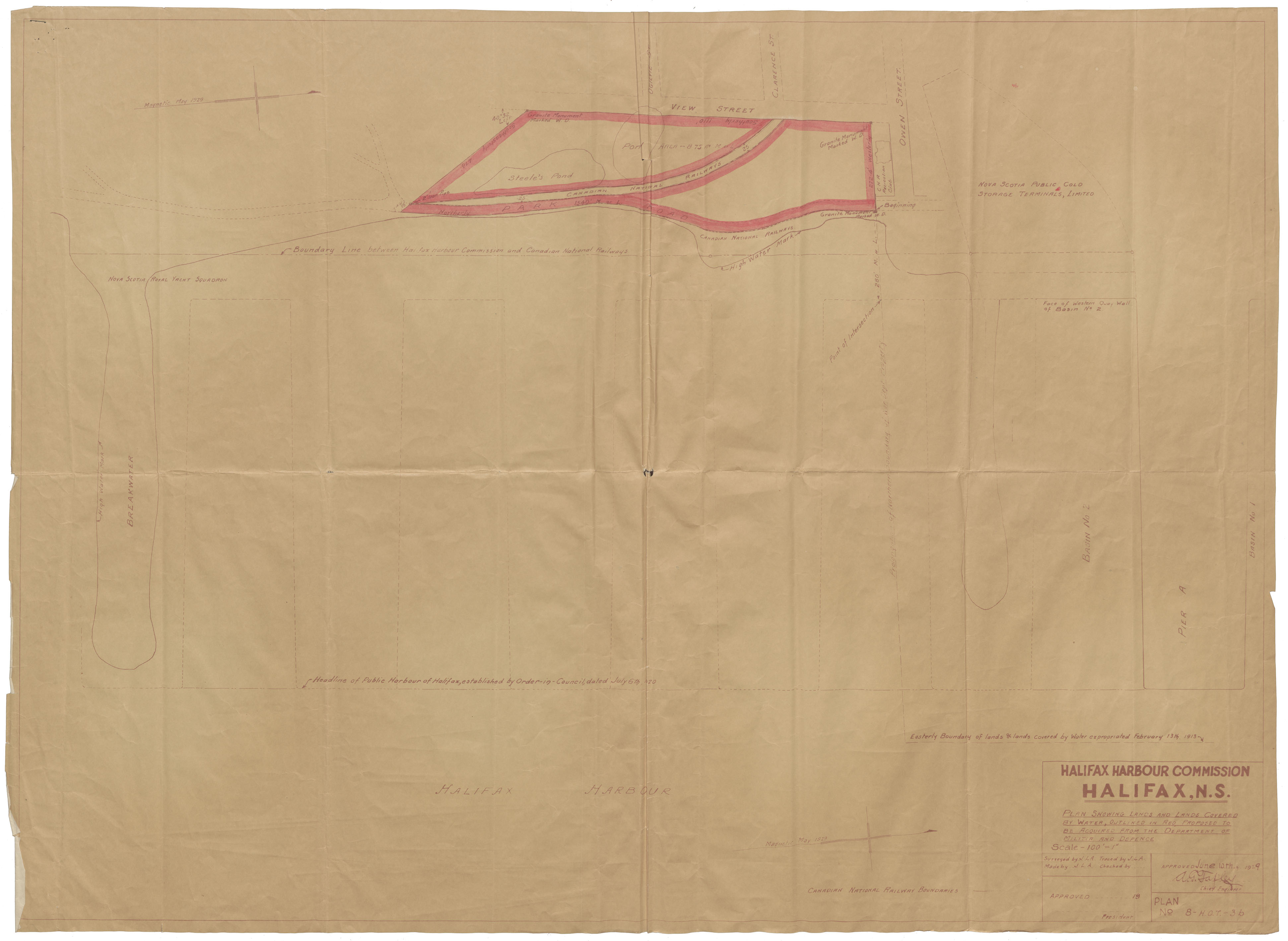 maps : Halifax Harbour Commission Halifax, N.S. Plan showing Lands and Lands Covered by Water, Outlined in Red Proposed to be Acquired from the Dep