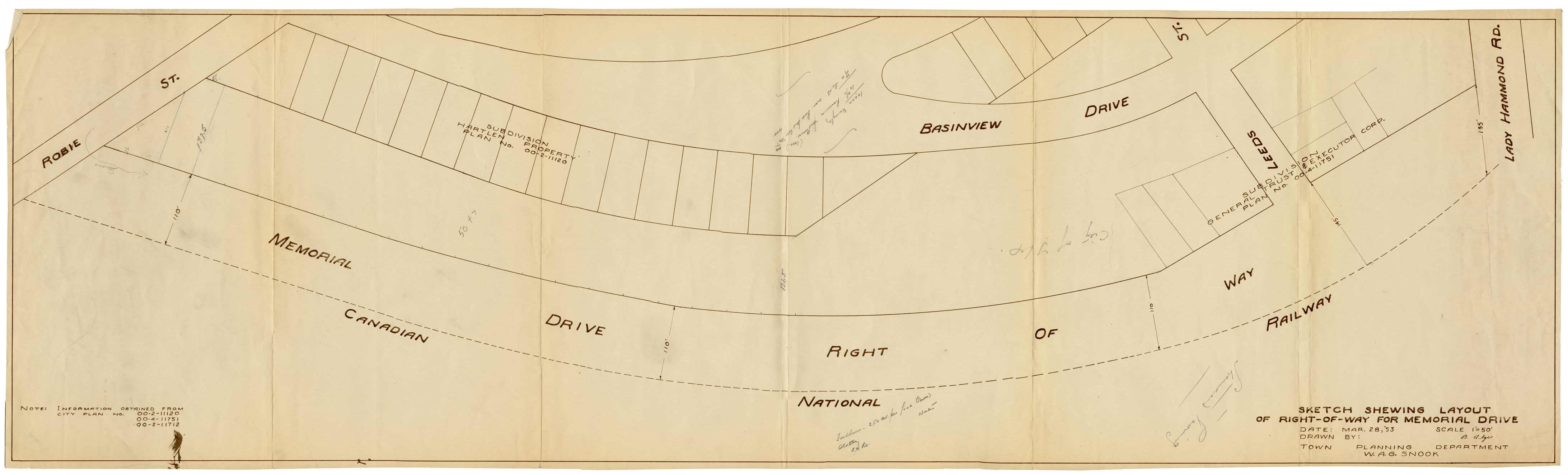 maps : Sketch showing layout of right of way for Memorial Drive