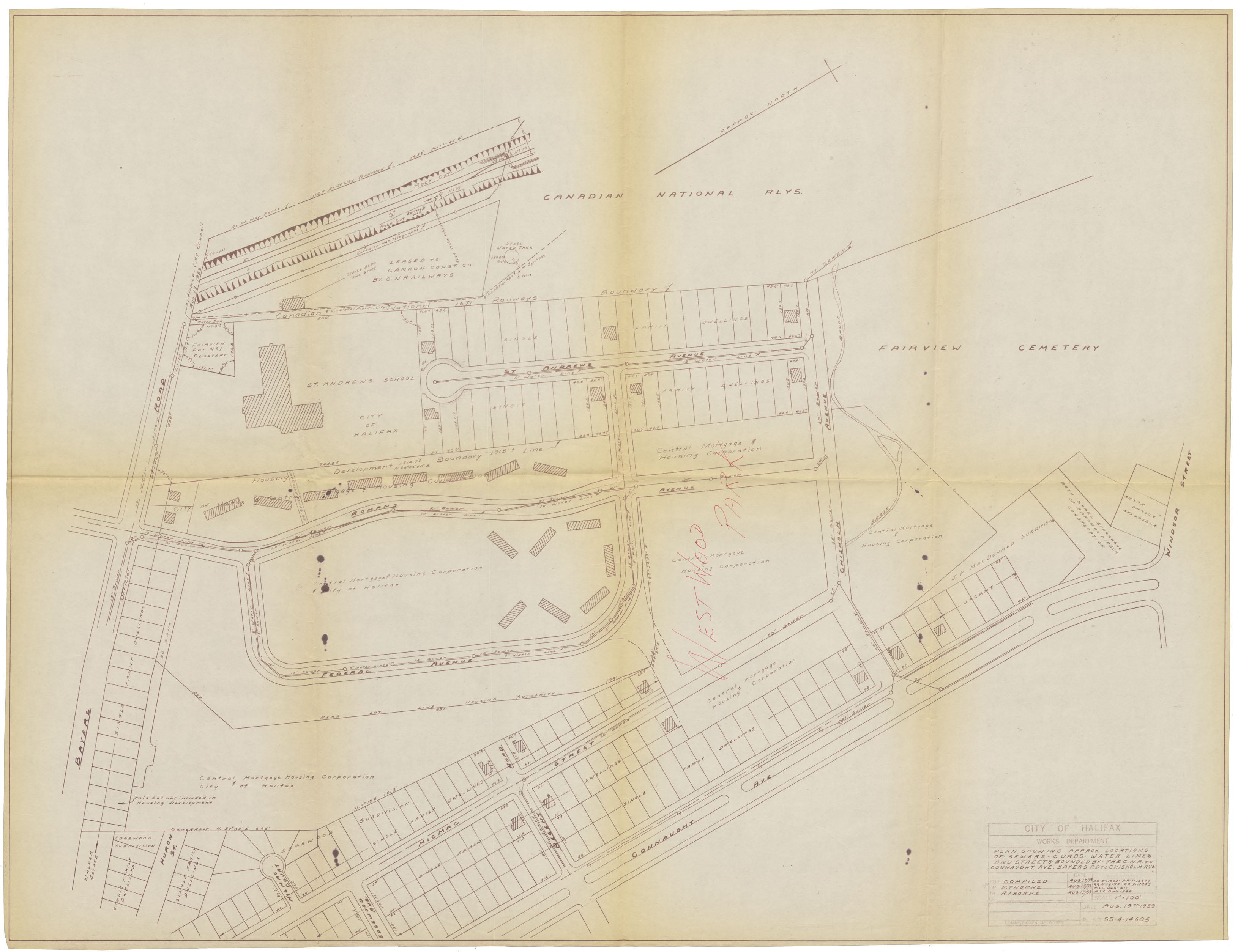 maps : Plan showing approx. locations of Sewers-Curbs-Water Lines and Streets bounded by the C.N.R. to Connaught Ave., Bayers Rd. to Chisholm Ave.