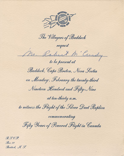 Invitation from the Village of Baddeck inviting  Robert McCurdy to witness the flight of the Silver Dart Replica commemorating fifty years of powered flight in Canada, 23 February 1959 at 10:30 a.m.