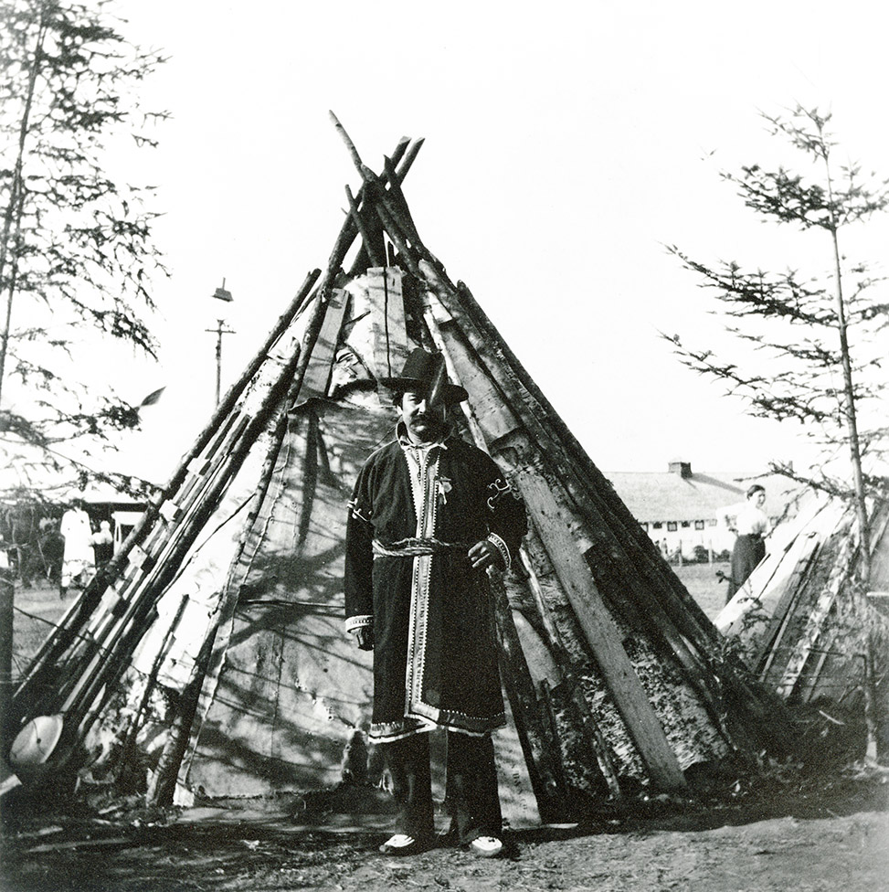 Isaac Sack in front of wigwam, Nova Scotia Provincial Exhibition
