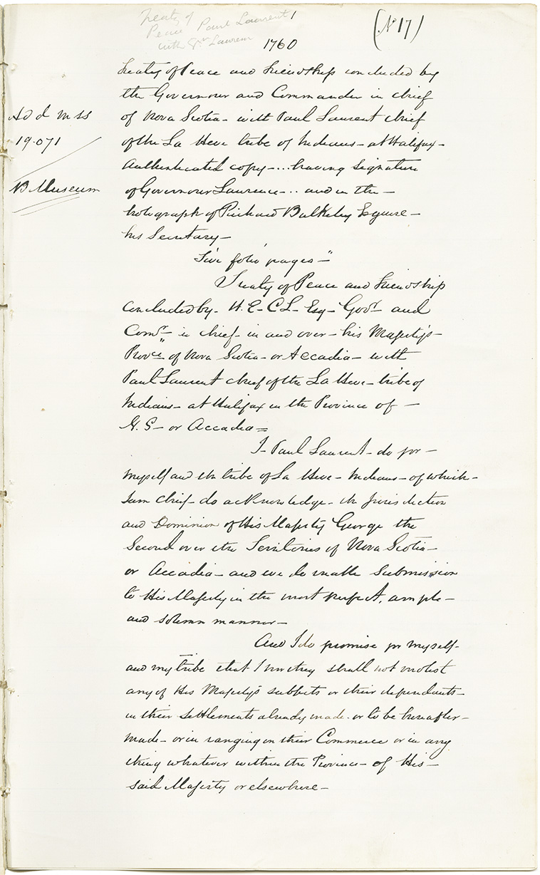 mikmaq : Copy of Authenticated Copy of Treaty of Peace and Friendship concluded by the Governor... of Nova Scotia with Paul Laurent, Chief of the La 