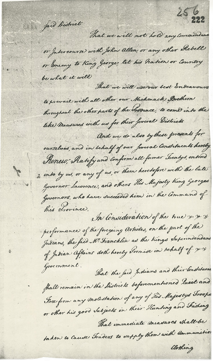Copy of Treaty of 1779 signed at Windsor between John Julien, Chief and Michael Francklin, representing the Government of Nova Scotia.