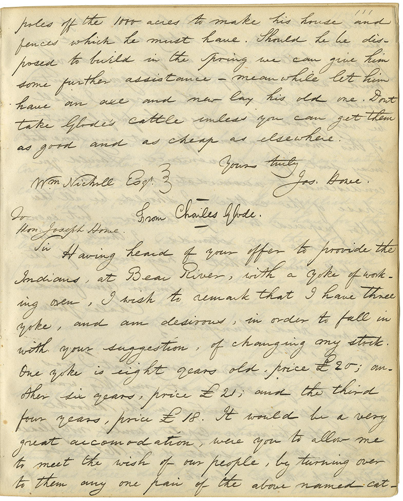 Letter from Charles Glode of Liverpool Road, Annapolis, to Joseph Howe regarding an offer to sell to Howe a yoke and oxen for people at Bear River.
