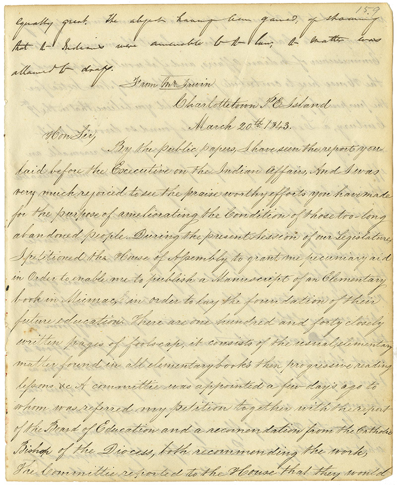Letter from Thomas Irwin of Charlottetown, PEI, to Joseph Howe regarding a book in Mi'kmaq written by Irwin as a grammar/textbook and urging Howe to purchase copies for use among the i'kmaq of NS.