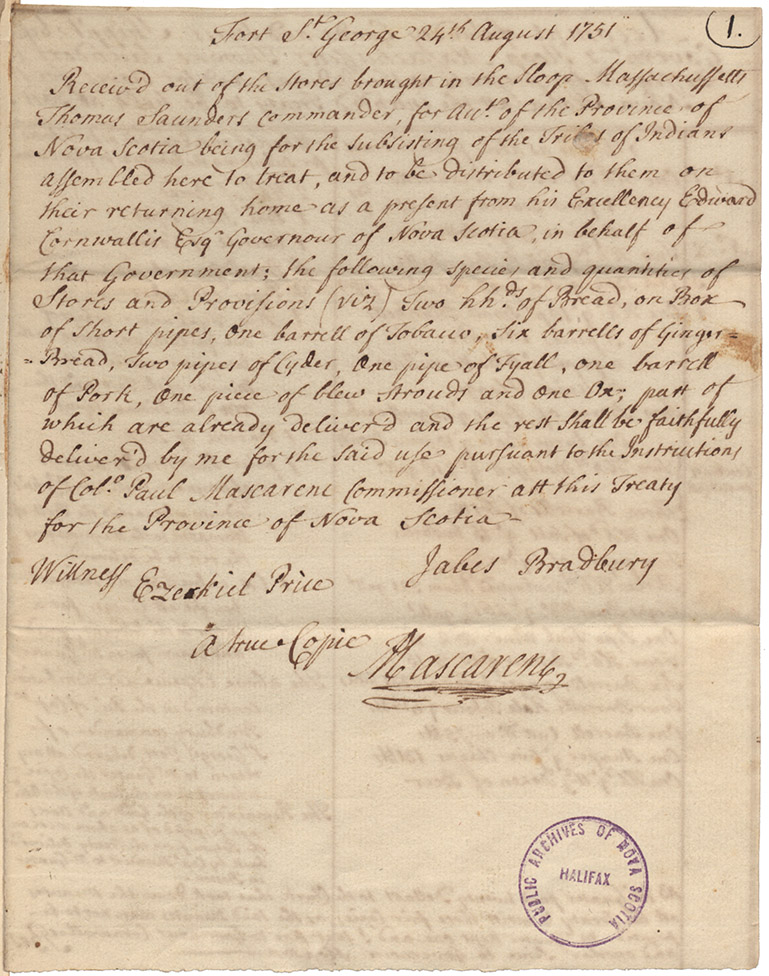 Receipt for supplies received out of the stores brought in the sloop Massachusetts for the 