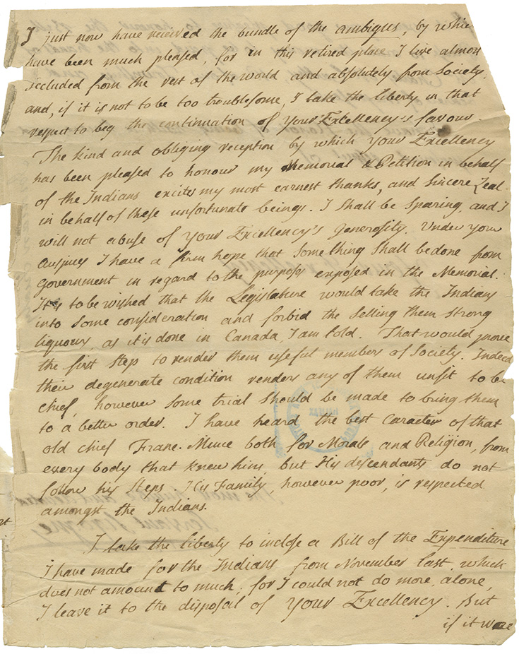 Letter from Sigogne to John Cope Sherbrooke regarding Muis-Belcher Treaty, Maillard, the Mi'kmaq 
