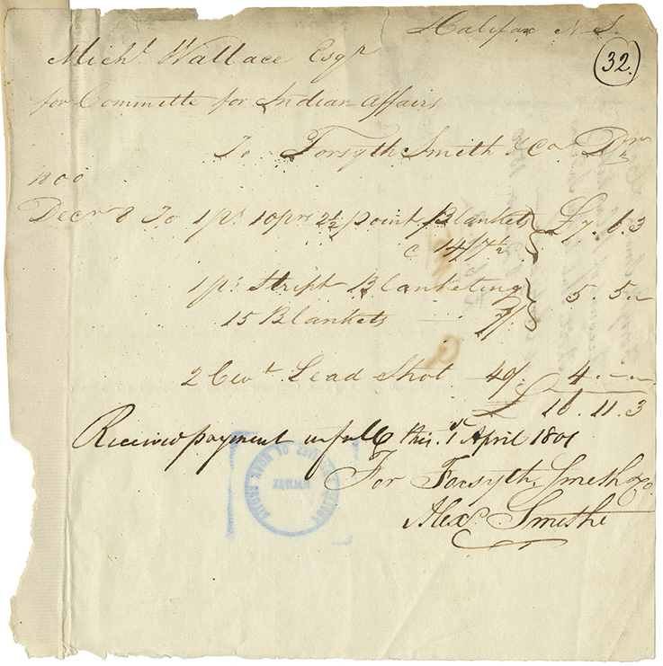 Account of blankets and shot sent to the Mi'kmaq of Antigonish