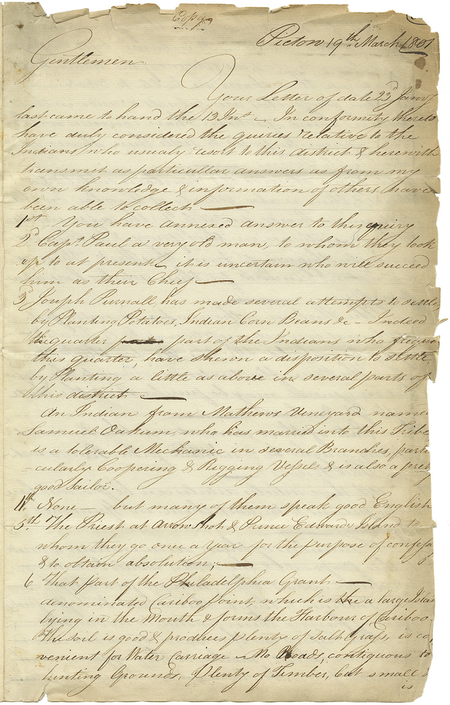 Letter from Edward Mortimer to Brenton, Morris, Wallace and Tonge that answers questions asked in a circular letter regarding Mi'kmaq.
