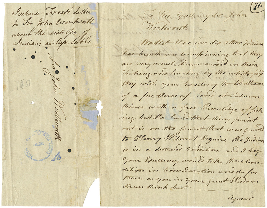 Joshua Frost's letter to Sir John Wentworth about the distress of the Mi'kmaq at Cape Sable regarding the disruption of their hunting and fishing by 