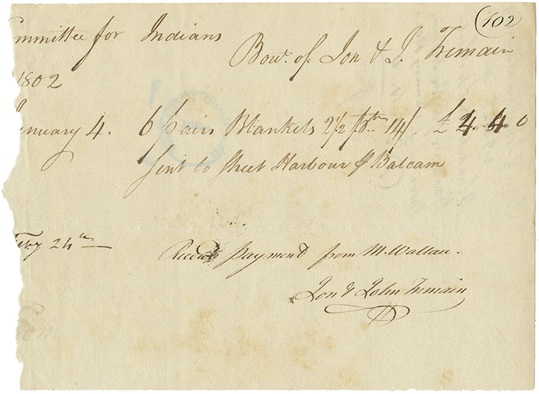 mikmaq : Receipt from John and J. Tremain for payment received from Commissioners for Indian Affairs for blankets for Mikmaq relief at Sheet Harbour.