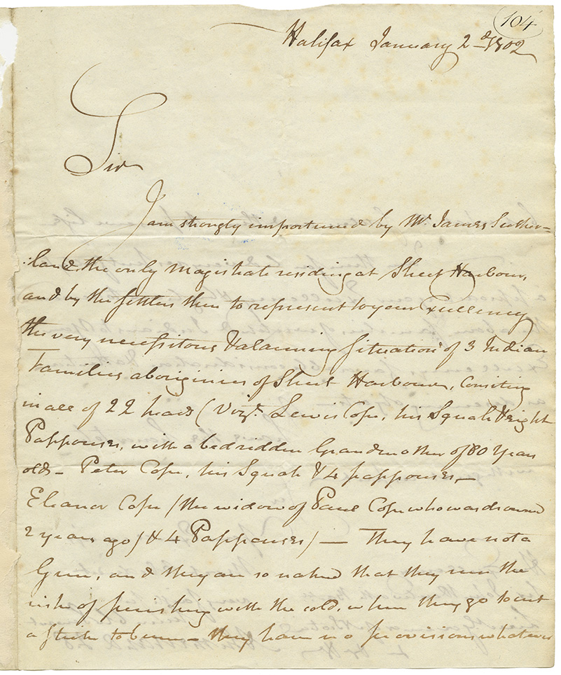 mikmaq : Letter from Abe Merchand [?] to John Wentworth reporting that the local magistrate and settlers at Sheet Harbour want to make him aware of t