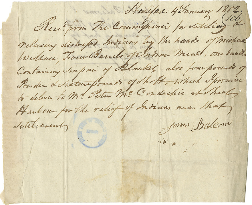 mikmaq : Receipt from James Balcom [?] for sundries sent by him to Sheet Harbour for relief of Mikmaq.