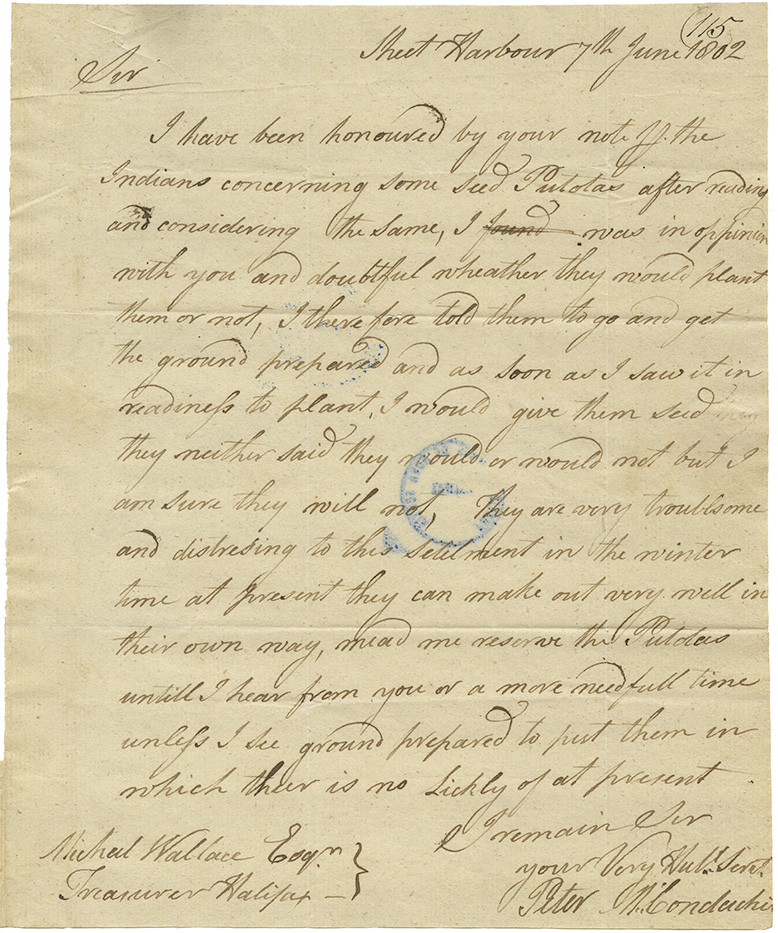 Letter from McCondachie to Wallace regarding attempts to have the Mi'kmaq at Sheet Harbour plant seed potatoes, expressing doubt that the Mi'kmaq will ready the ground or plant the potatoes.