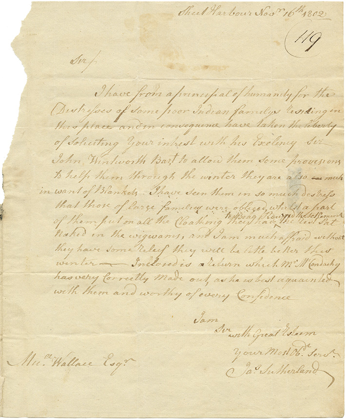 mikmaq : Letter from James Sutherland to M. Wallace requesting relief for Mikmaq residing in Sheet Harbour.