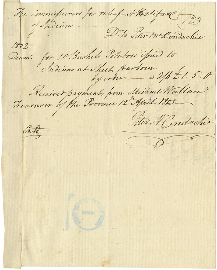 mikmaq : Receipt signed by P. McCondachie for potatoes supplied to the Mikmaq at Sheet Harbour. Payment received from M. Wallace.
