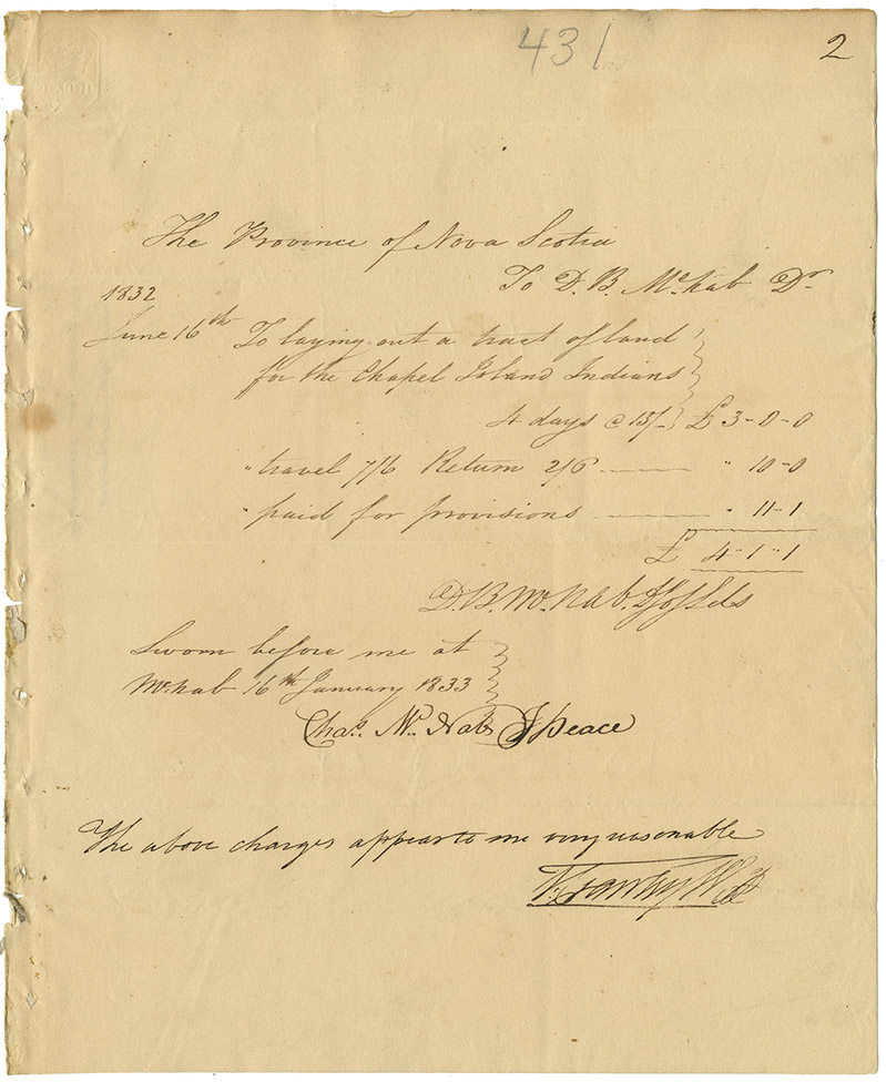 Account of D.B. McNab, Deputy Surveyor, for laying out land at Chapel Island