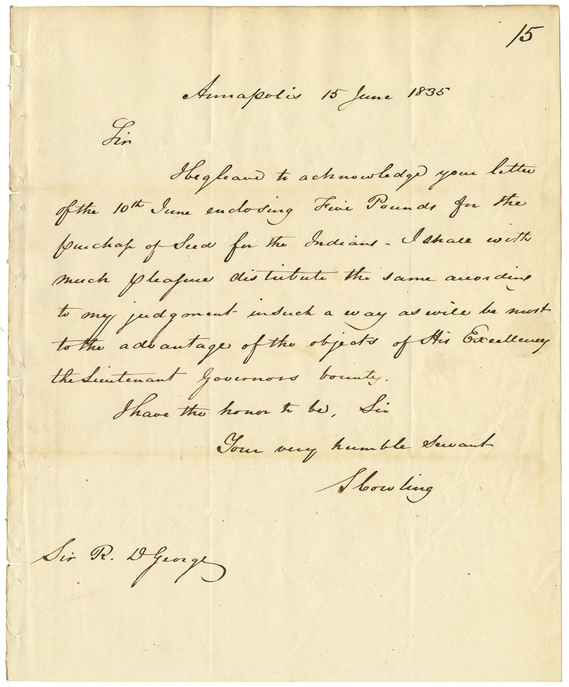 Letter from S. Cowling to Sir R. George acknowledging receipt of money for purchase of seed for the Mi'kmaq.