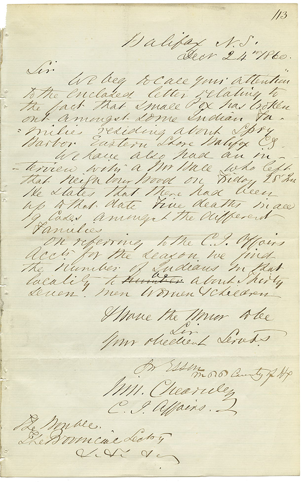 mikmaq : Letter from Chearnley to the Provincial Secretary regarding small pox among the Mikmaq at Spry harbour, Halifax County on the Eastern Shore.