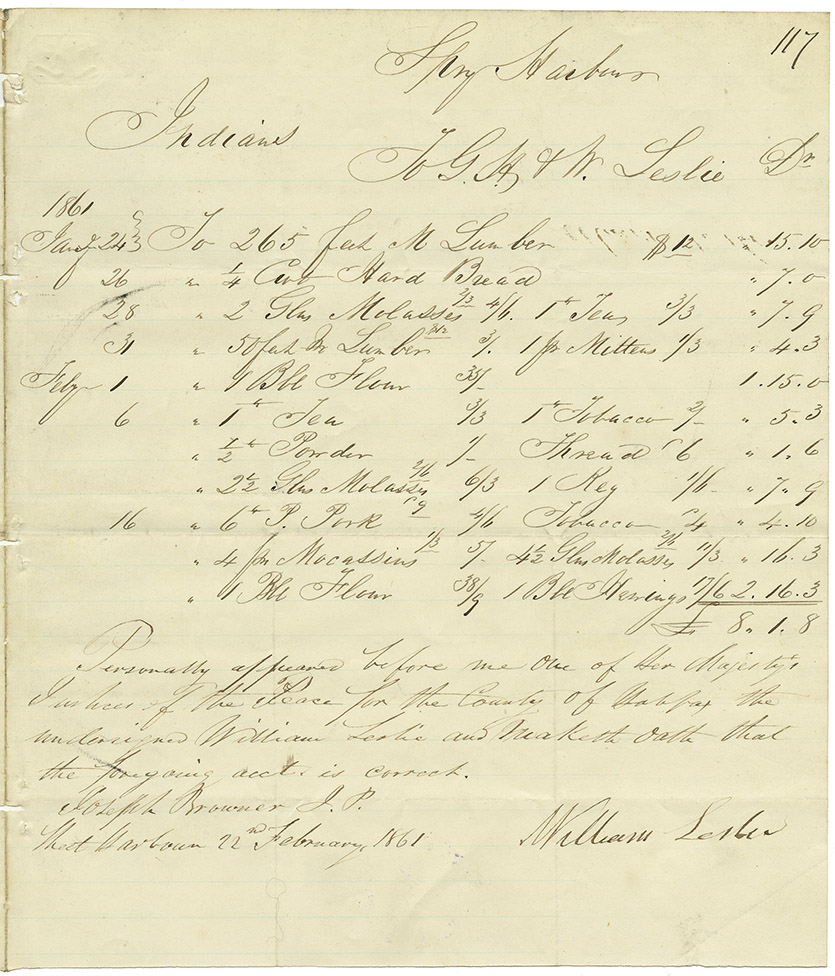 mikmaq : Itemized account of G.H. and William Leslie for supplies to the Mikmaq at Spry Harbour. Also includes letter in support of the Leslie accoun