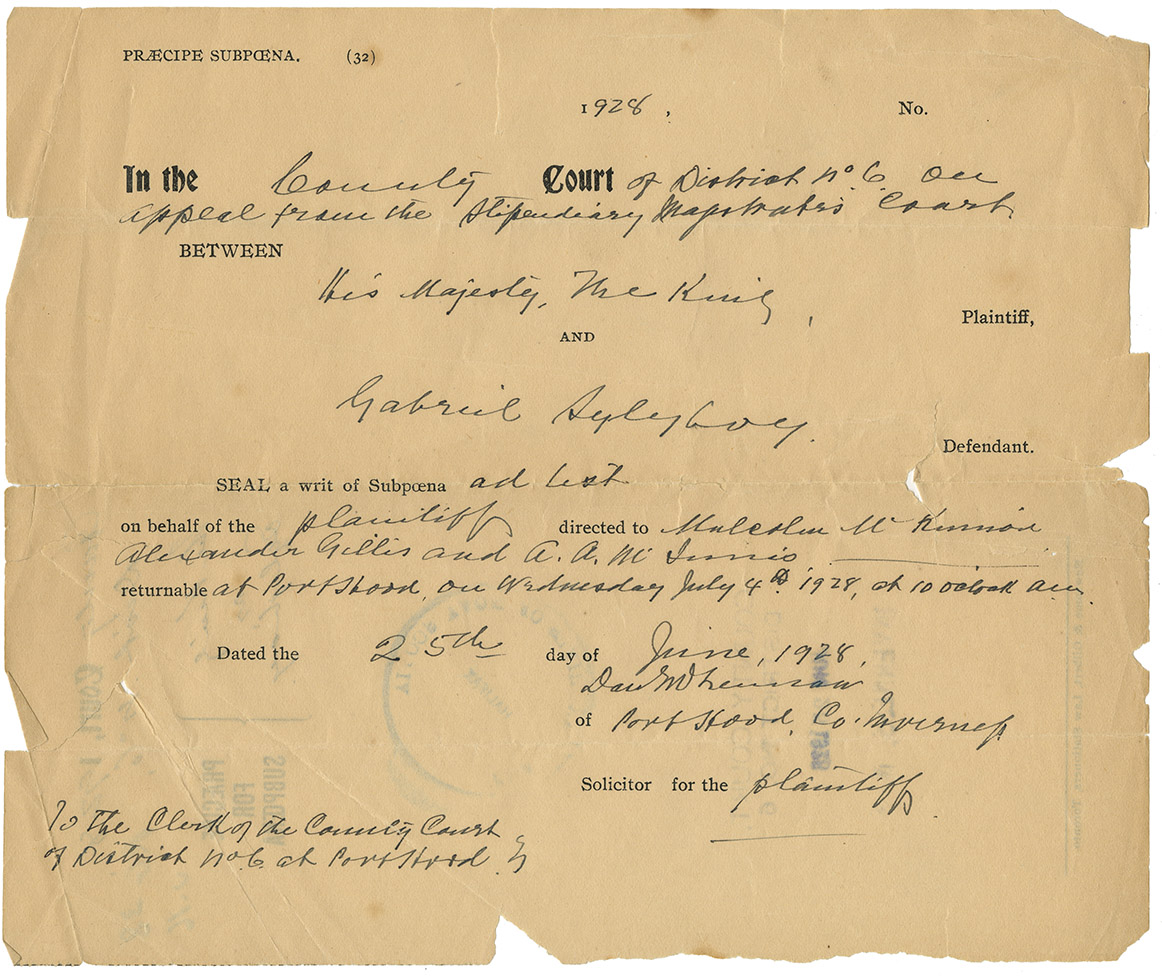 Summons to Malcolm McKenzie, Alexander Gillis and A. A. McInnis to appear 4 July 1928