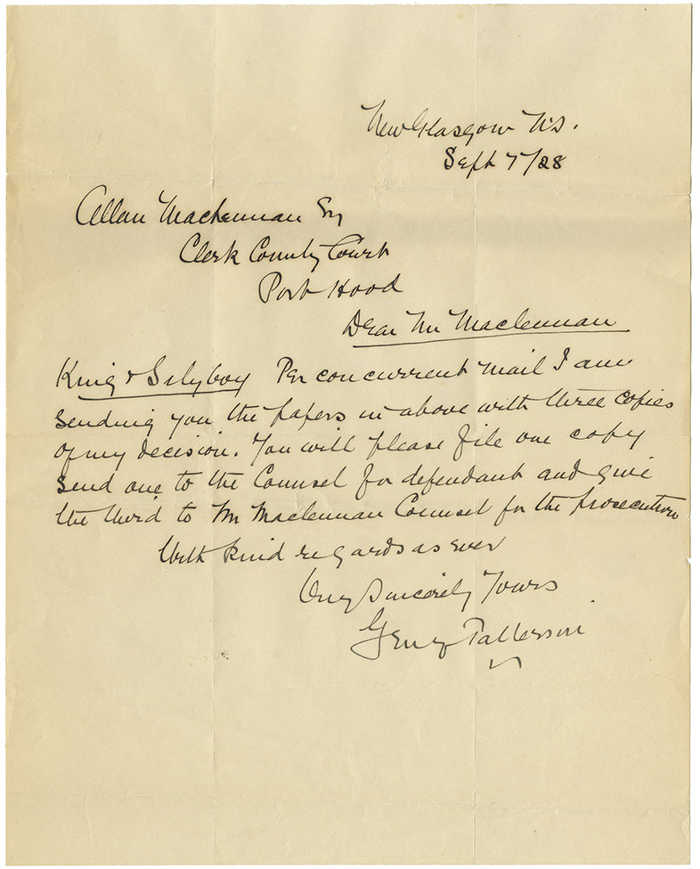 Letter from George Patterson of New Glasgow to Allan MacLennan, Clerk of County Court, Port Hood, 07 September 1928