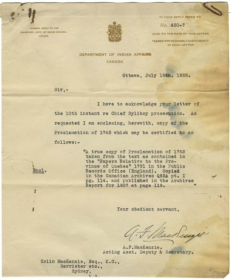 Letter from A. F. MacKenzie, Acting Assistan Deputy and Secretary, Department of Indian Affairs, Ottawa to Colin MacKenzie, KC, Barrister, Sydney, 18 July 1928