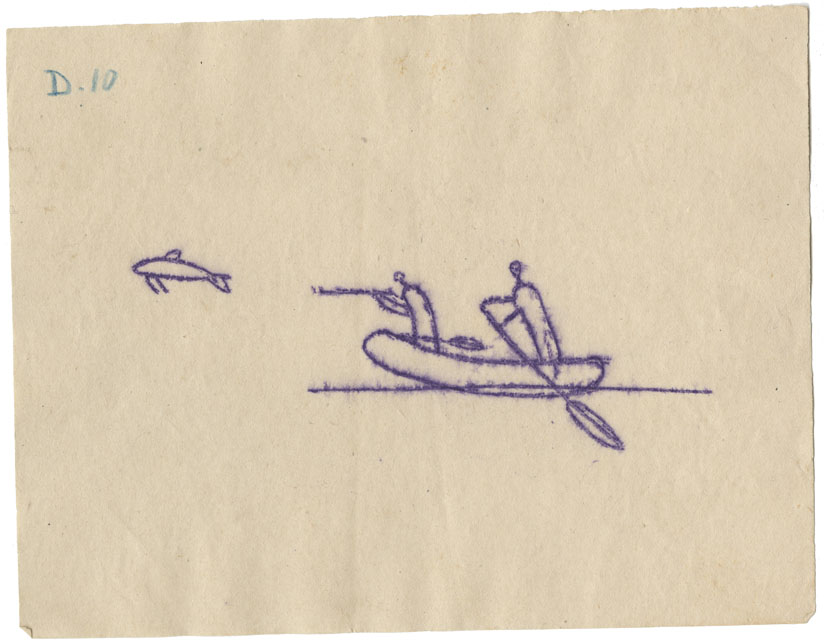 Tracing of a petroglyph of two human figures in a canoe possibly lancing fish
