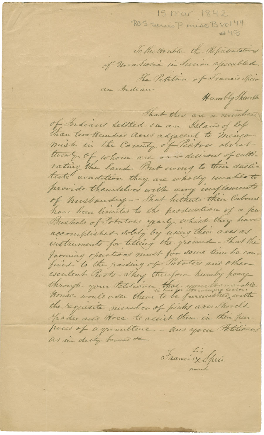Petition of Francis Speir, a Mi'kmaq from Merigomish, Pictou County, asking for agricultural implements for the Mi'kmaq.