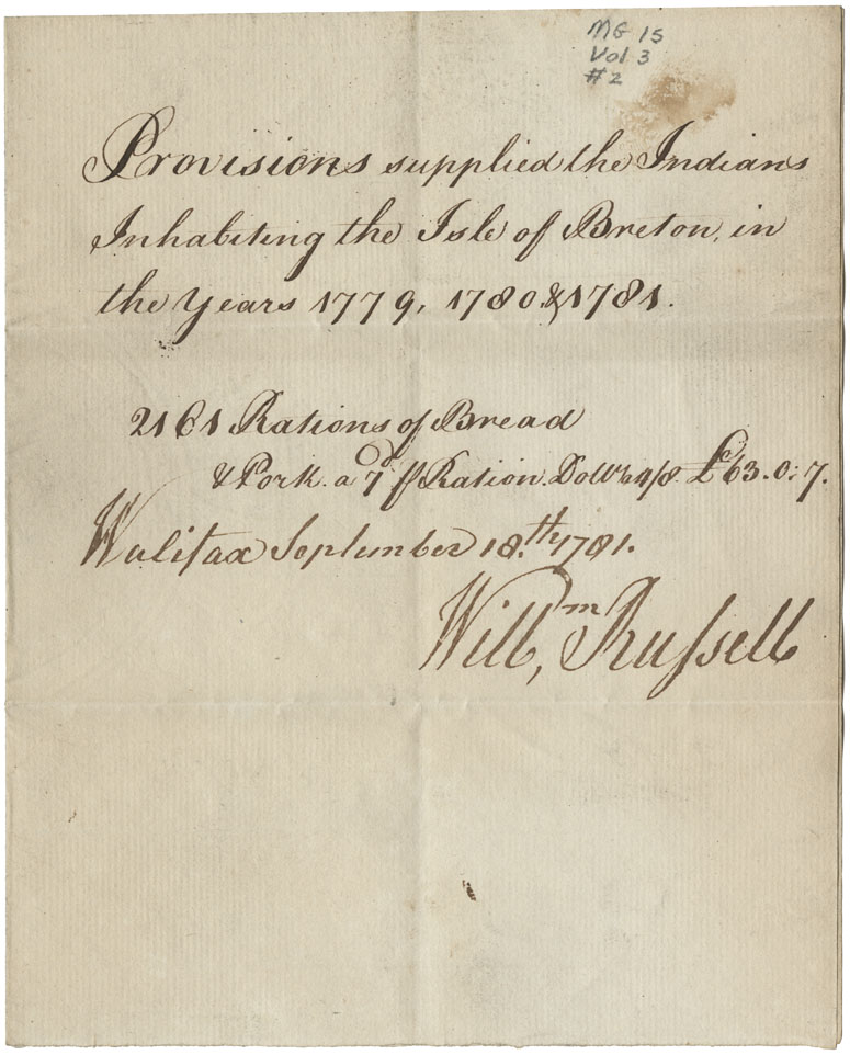 William Russell. Provisions supplied to the Mi'kmaq inhabiting the Isle of Breton in the years 1779, 1780, 1781.