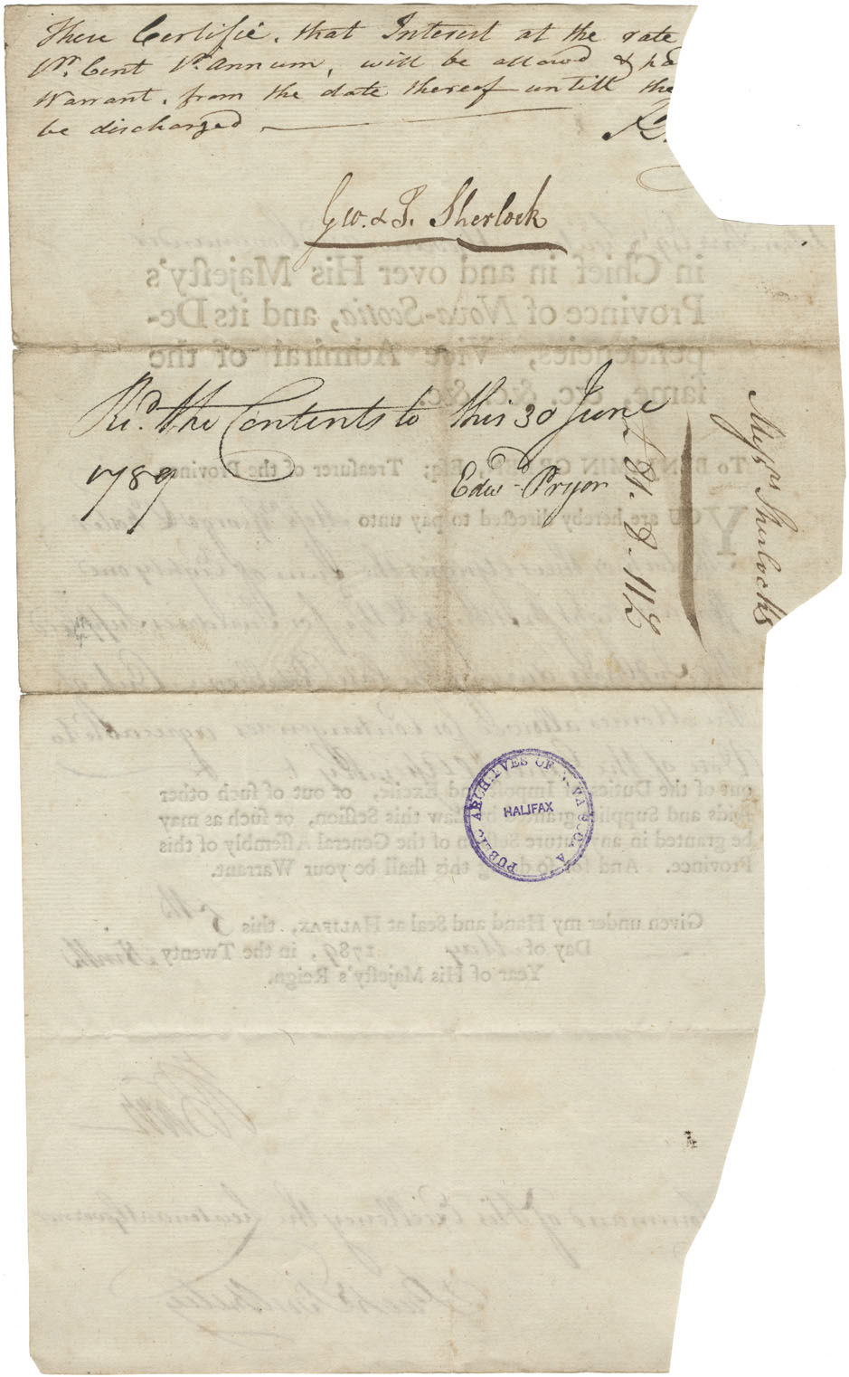 Directive from Lieutenant-Governor John Parr to Benjamin Green, Treasurer of the Province, for payment to George & Foster Sherlock for sundries supplied to the Mi'kmaq during the late rebellion.