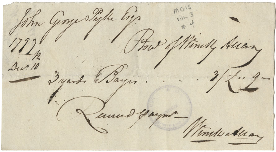 Receipt of W. Allen for payment of £3/9. 