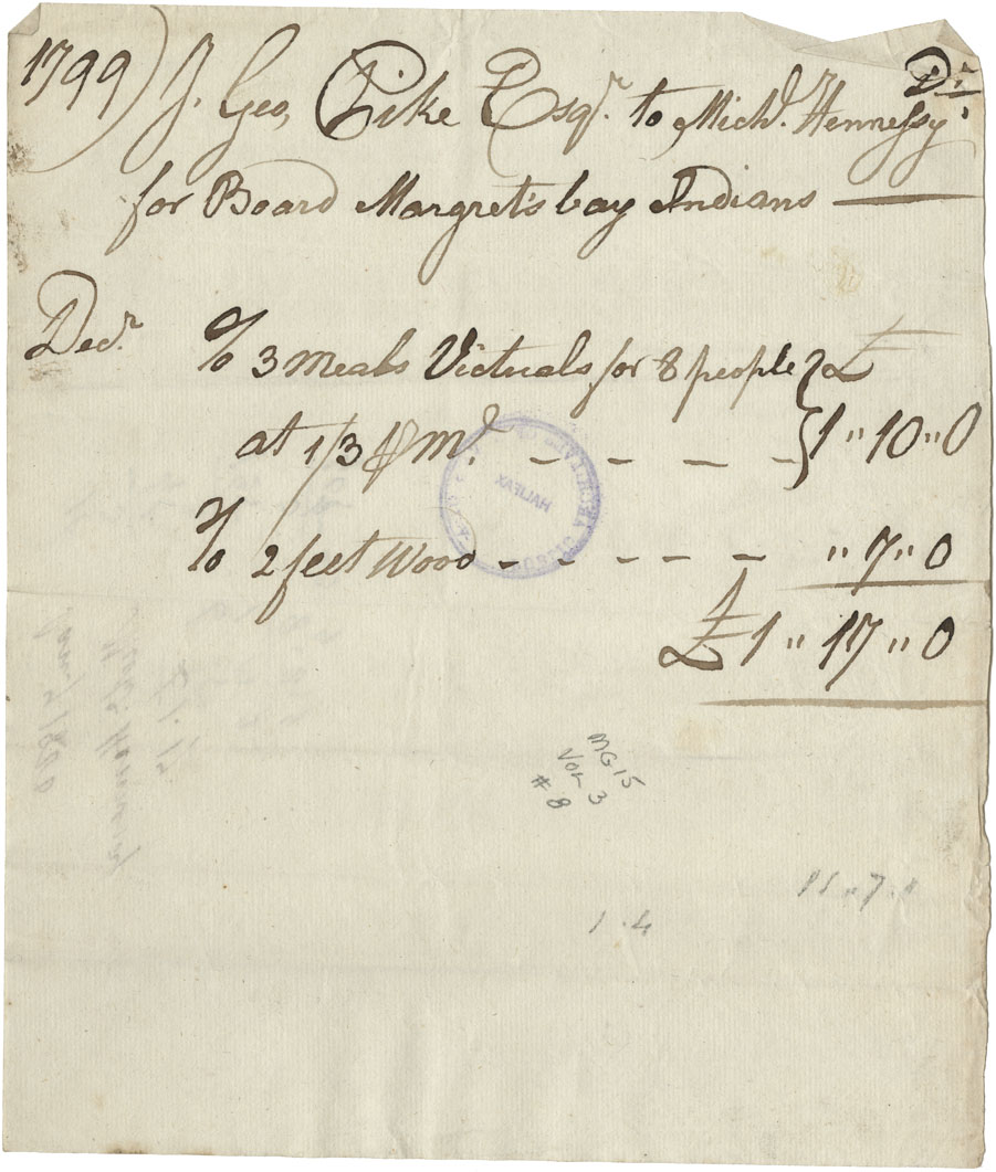 Receipt by Michael Hennessy of £1-7-0 for meals and wood for Mi'kmaq.