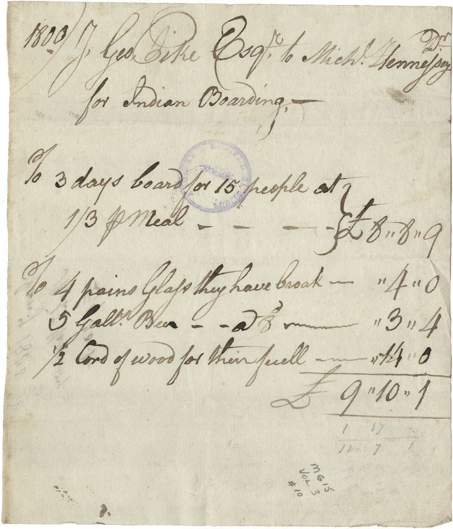 Receipt by James Croucher of £3-10-0 for 3 barrels of mackerel at 23/4 delivered to Mi'kmaq. 