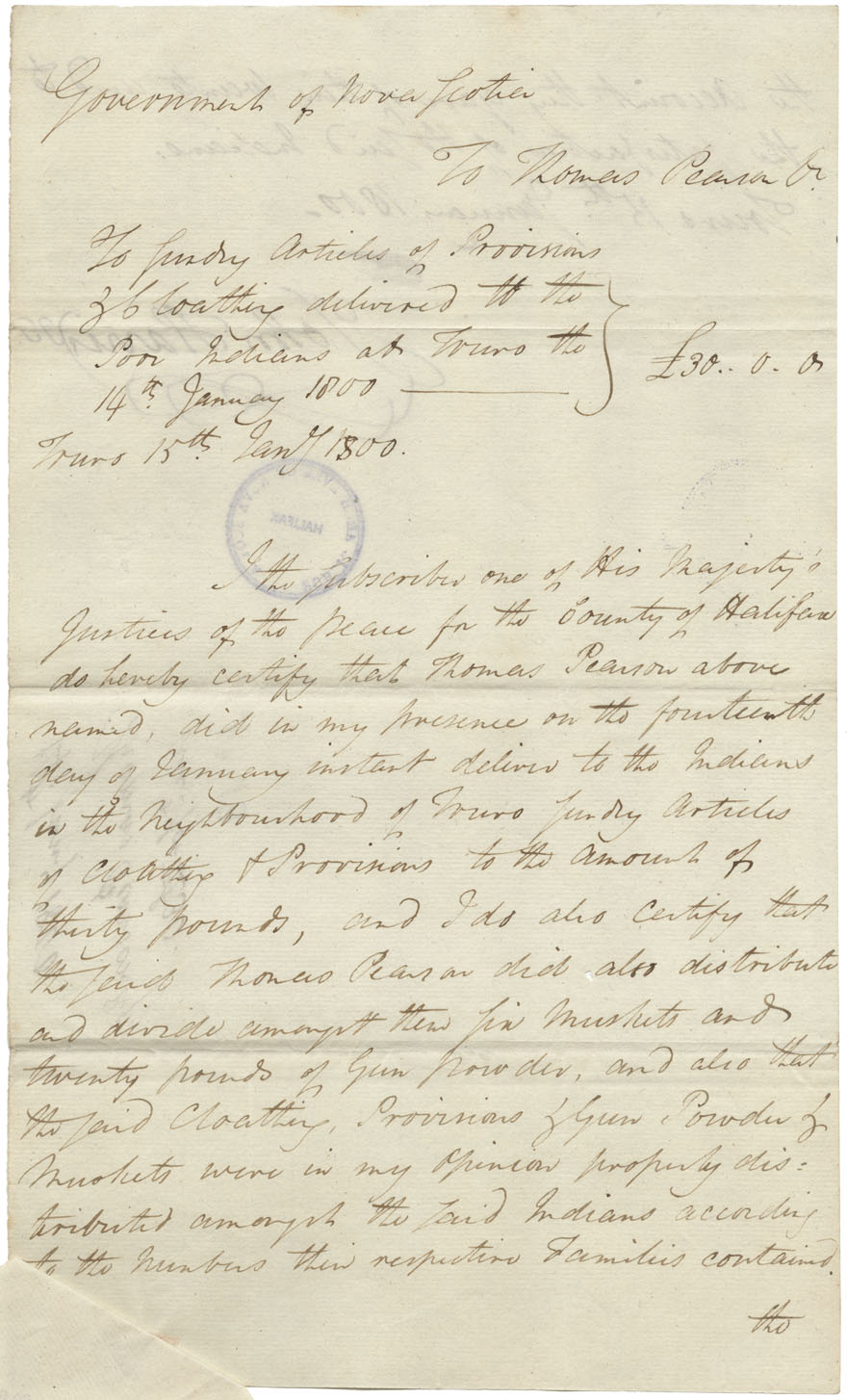 Amount of provisions and clothing supplied the under mentioned Mi'kmaq family, at Truro, by Thomas Pearson, 14 January 1800. Corroborating letter from John Harris, J.P. 