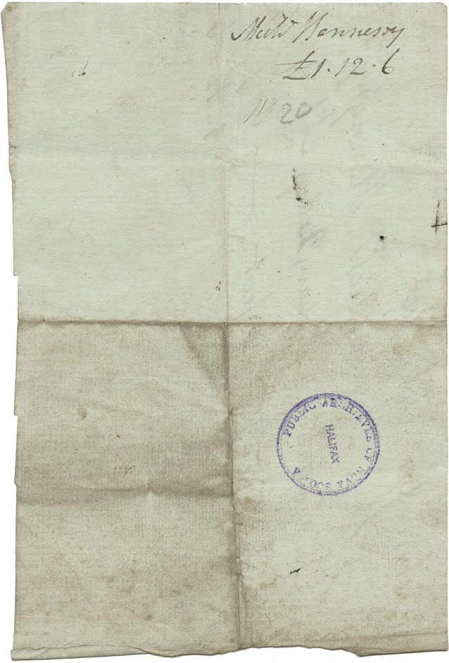 Receipt by Michael Hennessey of £1-12-6 for victualing four Mi'kmaq for two days and firewood.