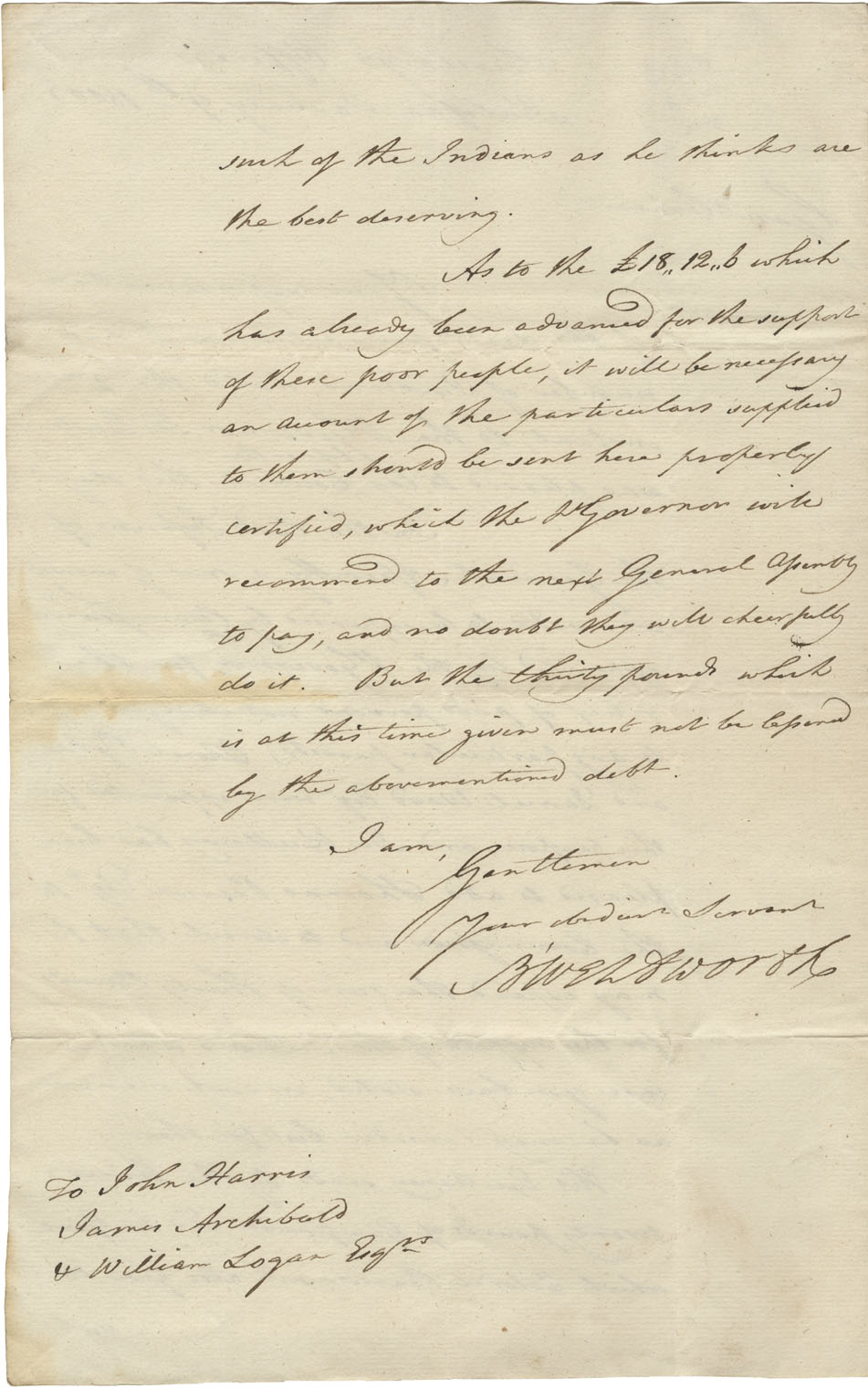 Letter of Sir John Wentworth informing John Harris, James Archibald and William Logan of the appointment of Col. Pearson and steps taken to relieve the Mi'kmaq. 