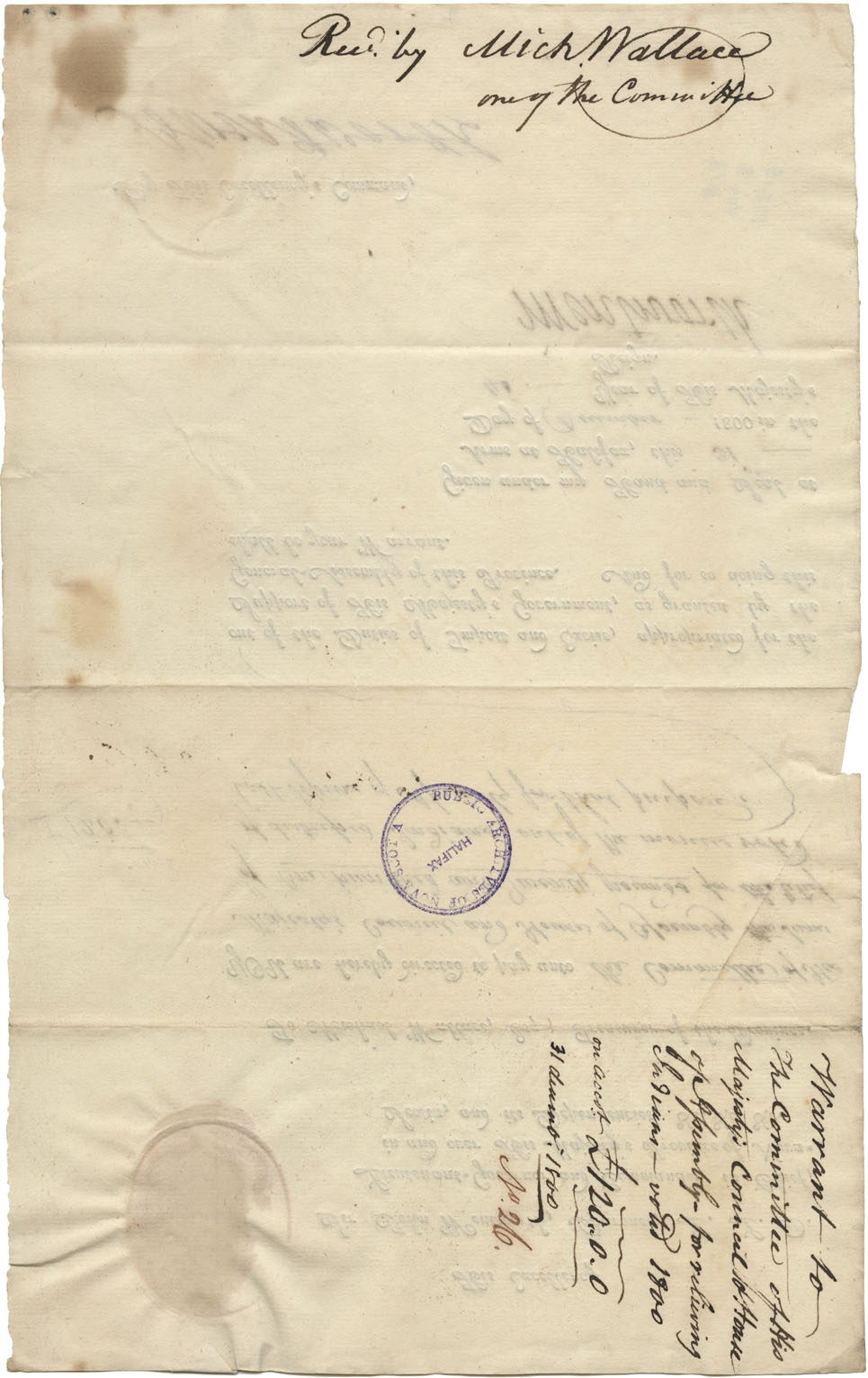 Sir John Wentworth's order to Michael Wallace, Provincial Treasurer, to pay the Committee of His Majesty's Council and House of Assembly £120 for relief of Mi'kmaq who are distressed.