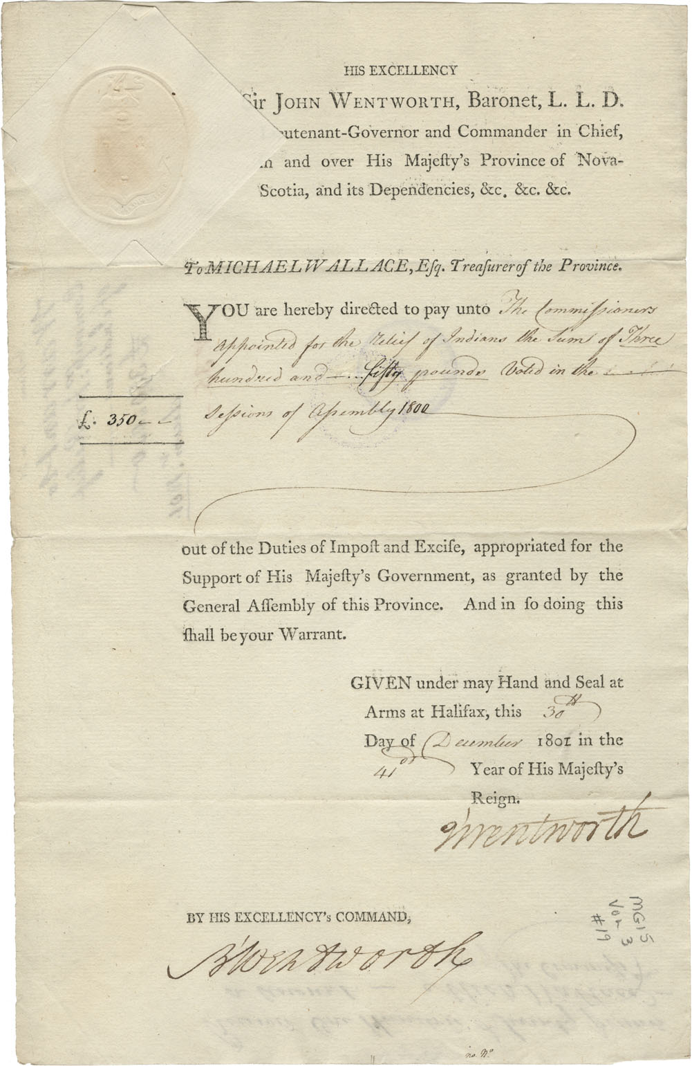 Sir John Wentworth's order to Michael Wallace to pay the Commissioners appointed for the relief of the Mi'kmaq, £350. 